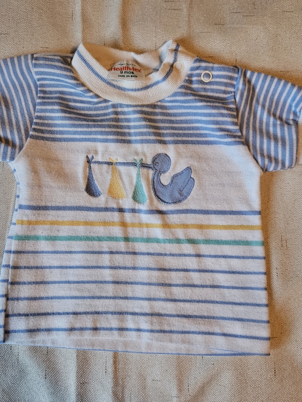 healthtex Vintage Blue & White Striped Stork Appliqué Short Sleeve Tee